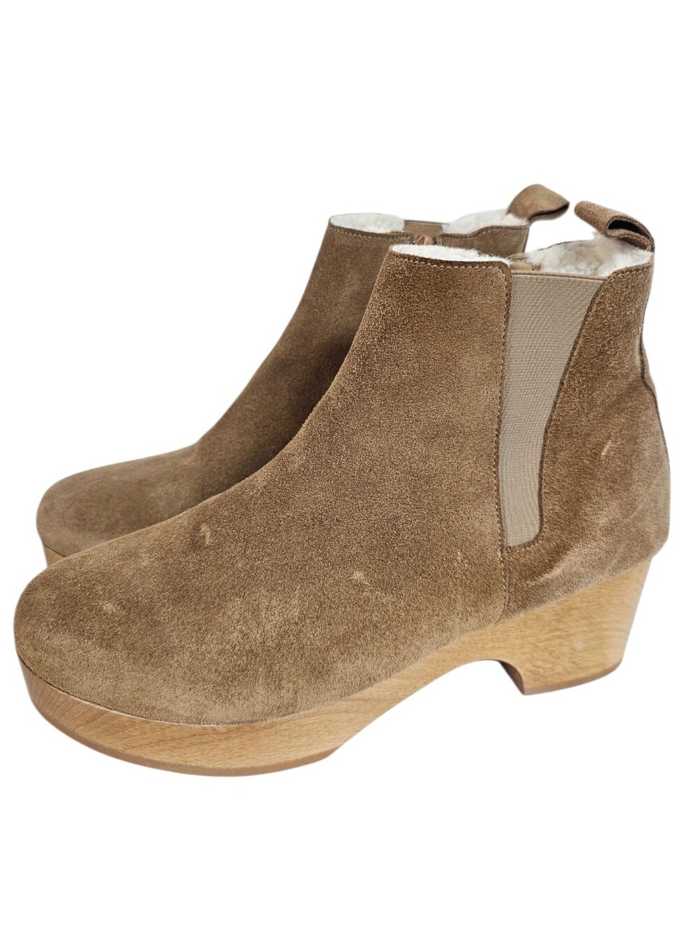 Andre Assous Sanaa Suede Leather Chunky Clogs Wooden Platform Sherling Lining